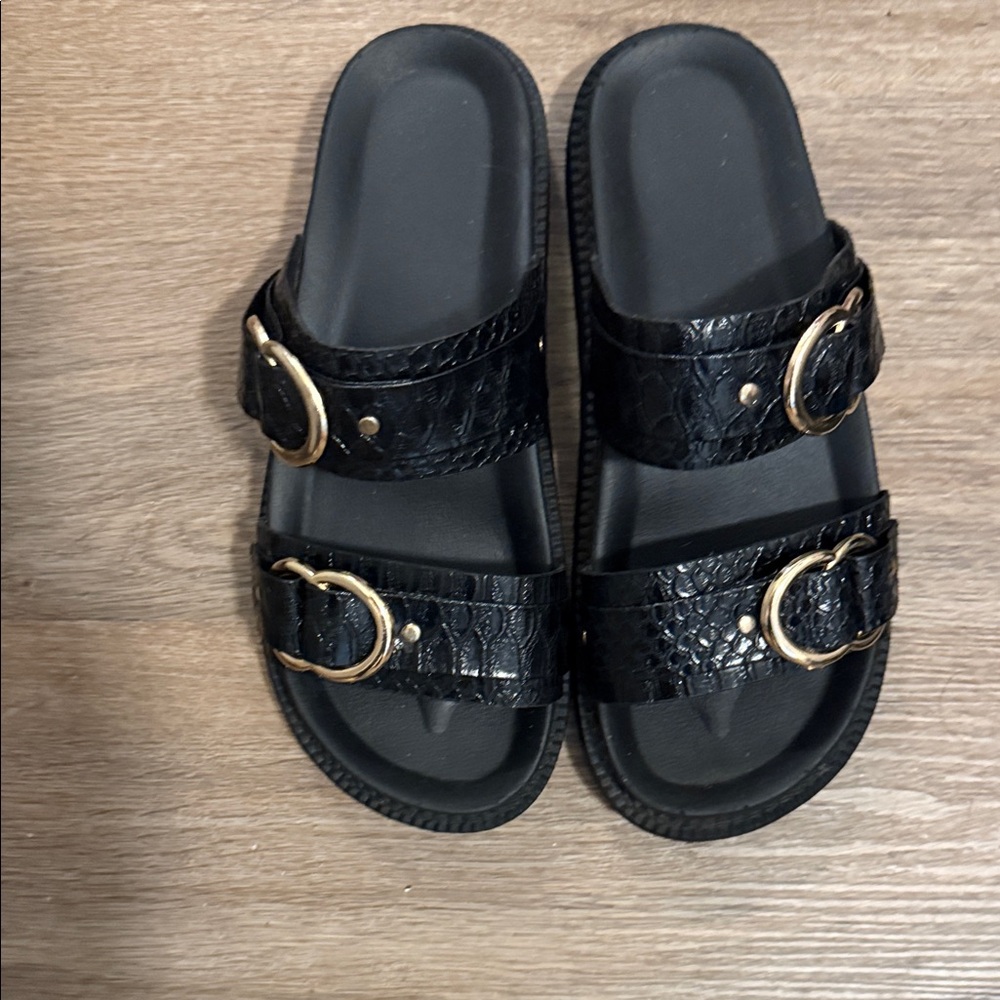 Black Slide Sandals with Buckle